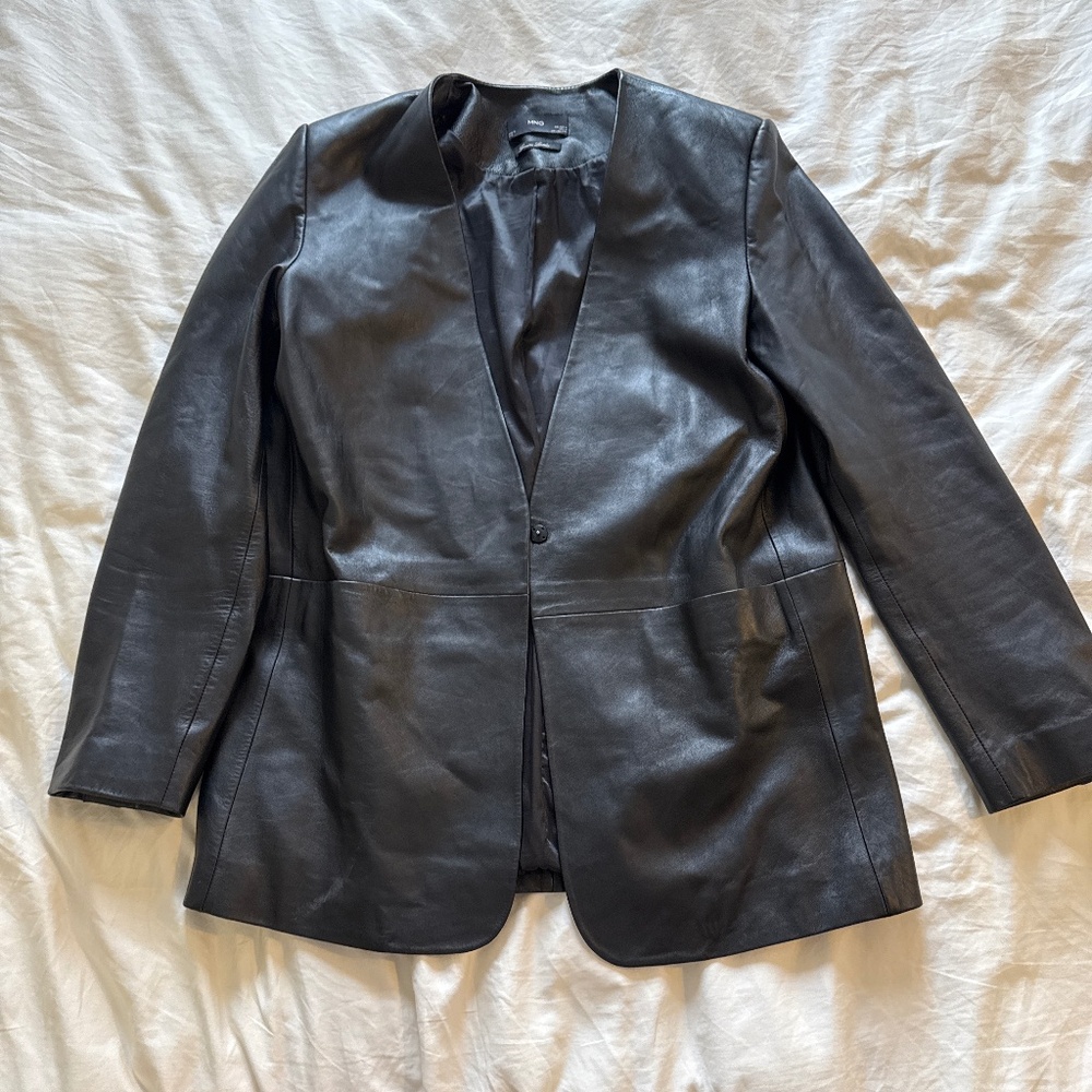 Mango black genuine leather blazer